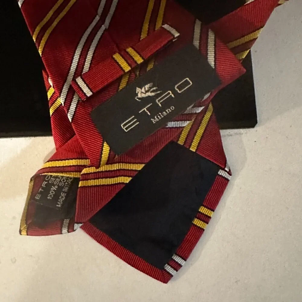 Etro Red Yellow White Silk Tie Diagonal Striped Stripes Luxury Business Formal